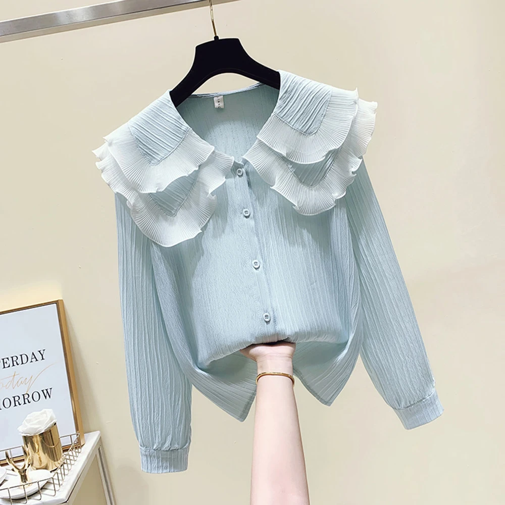 Luxury Brand Big Peter Pan Collar Ruffle Womens Blouse Long Sleeve Cotton Casual Tops Femme 2022 Spring Summer Frill Shirt