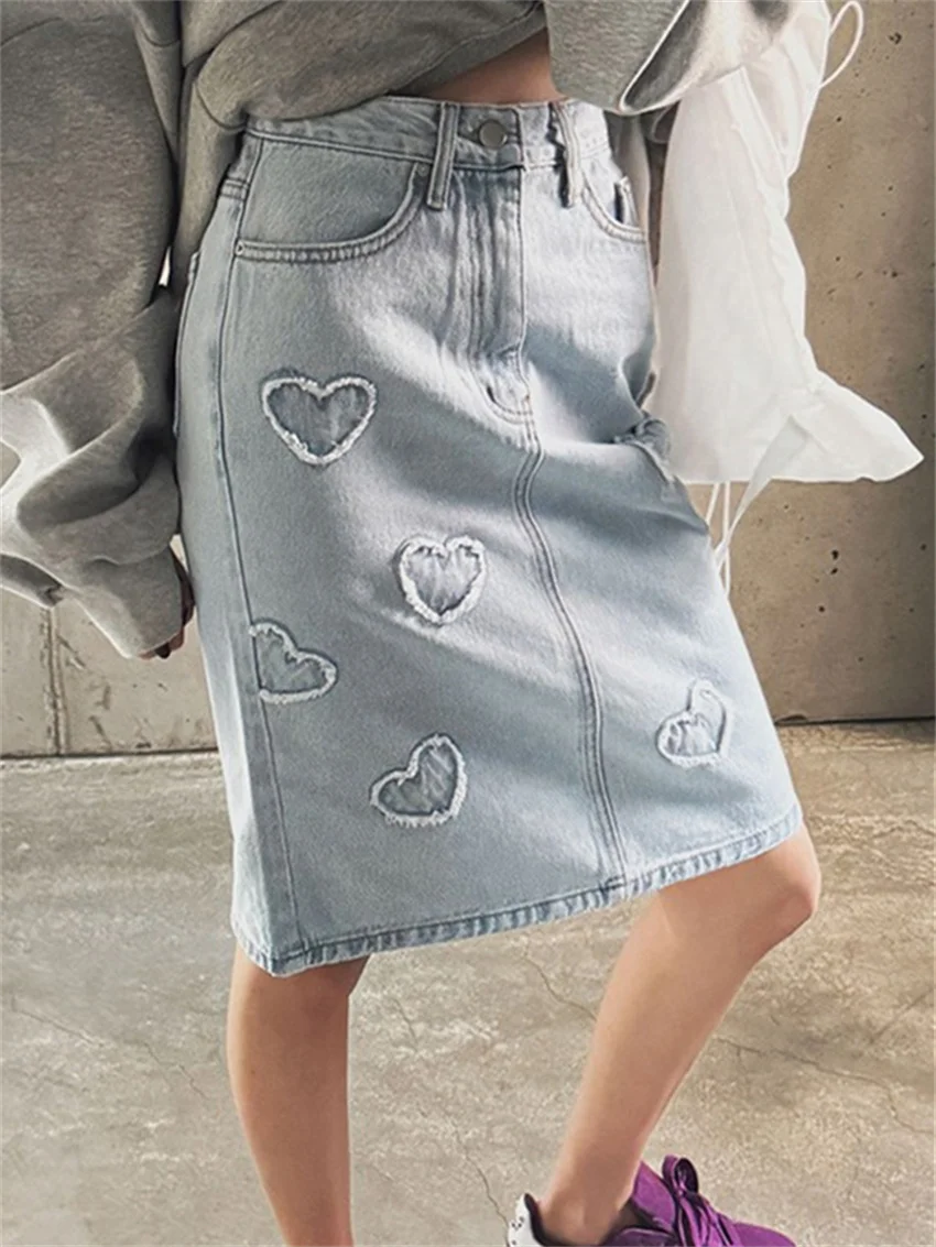 

Alien Kitty Spring Casual Denim Mid-length Skirts Women Loose 2024 All Match Slim Jeanswear Sweet High Street Fashion Holiday