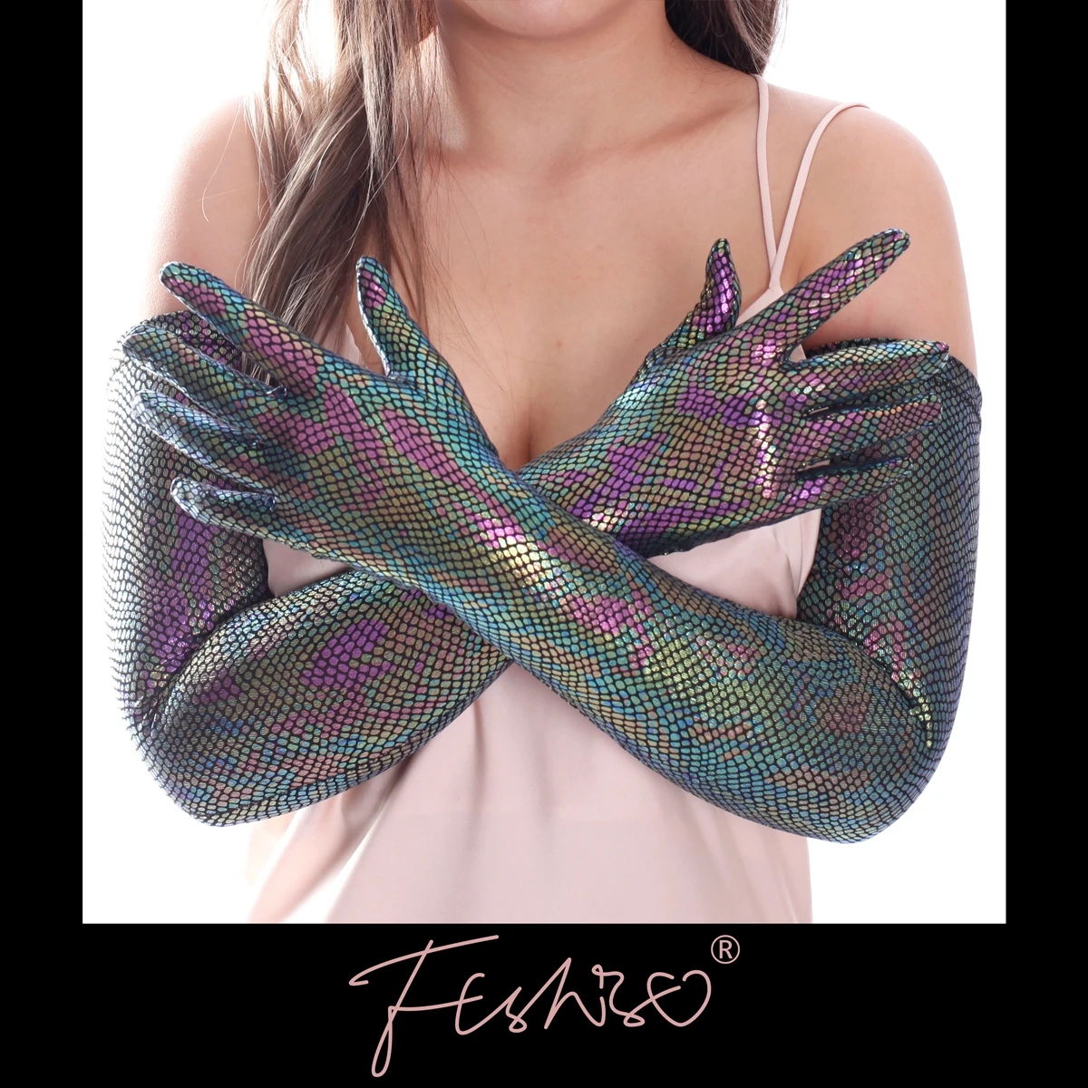 Ftshist-guantes forrados con estampado de piel de serpiente, manoplas largas de 70cm, codo elástico, Color metálico brillante, accesorios de escamas