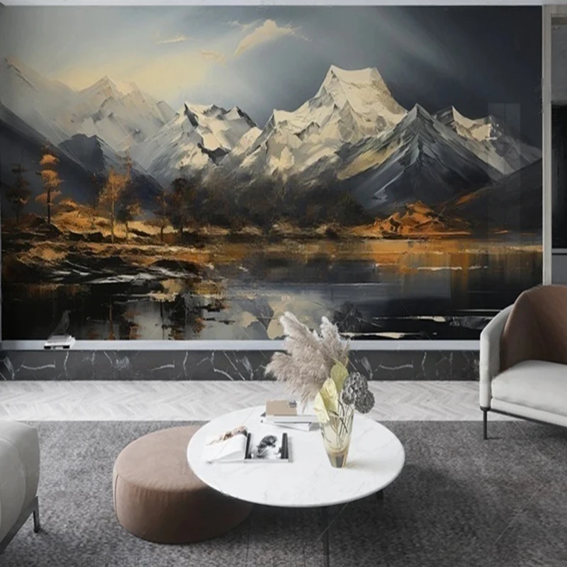 Custom Landscape Wall Mural Modern Hand-Painted Oil Painting Style Mountain Forest Scenery Wallpaper for TV Sofa Background