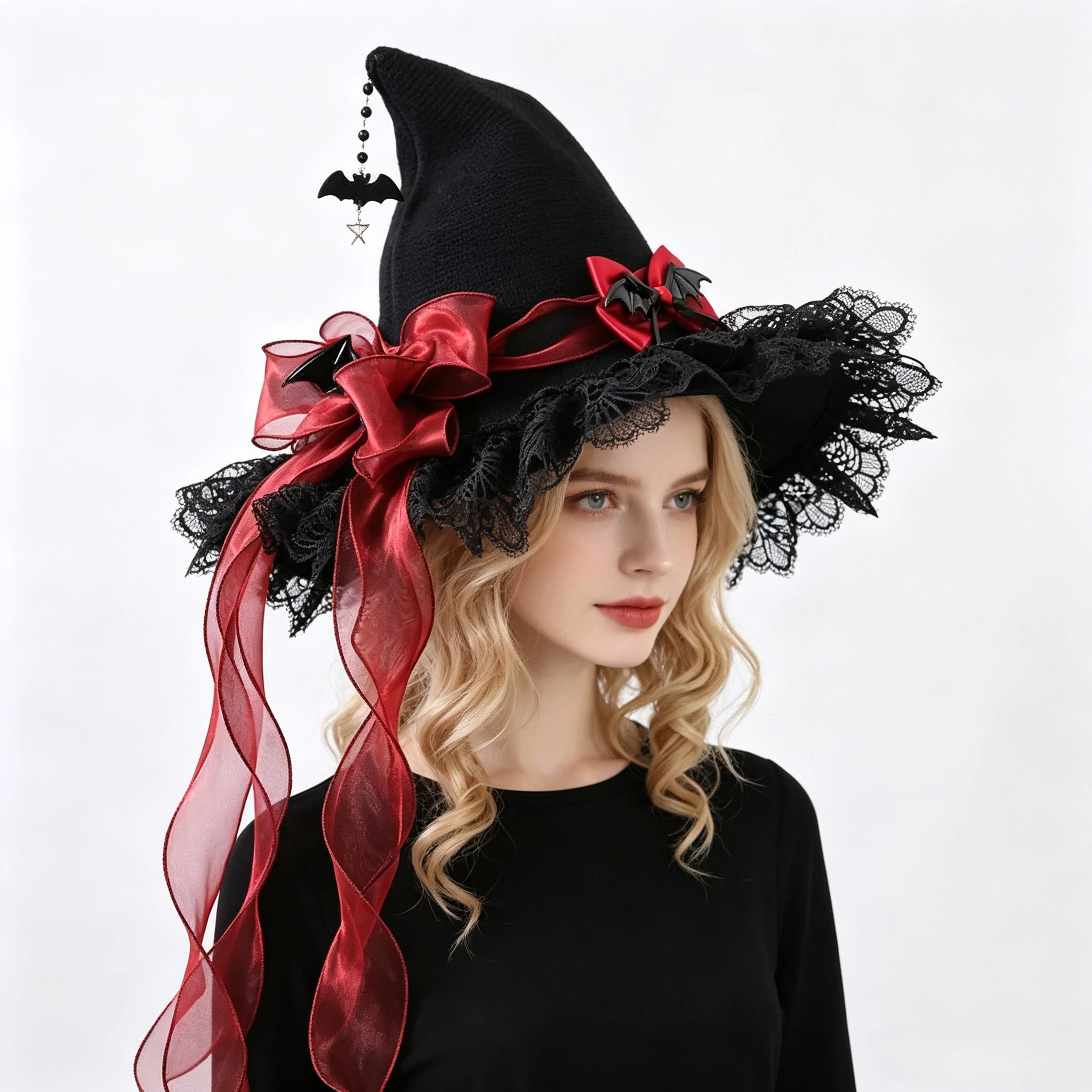 Halloween Lolita Lace Knit Witch Hat with Big Bow Japanese Style Maiden Cosplay Cap for Party Holiday Costume Matching
