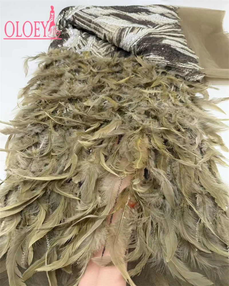 

OLOEY Newest African 3D Feather Mesh Lace Fabric French Nigerian Handmade Beaded Sequin Lace Fabric for Ladies Party Dress