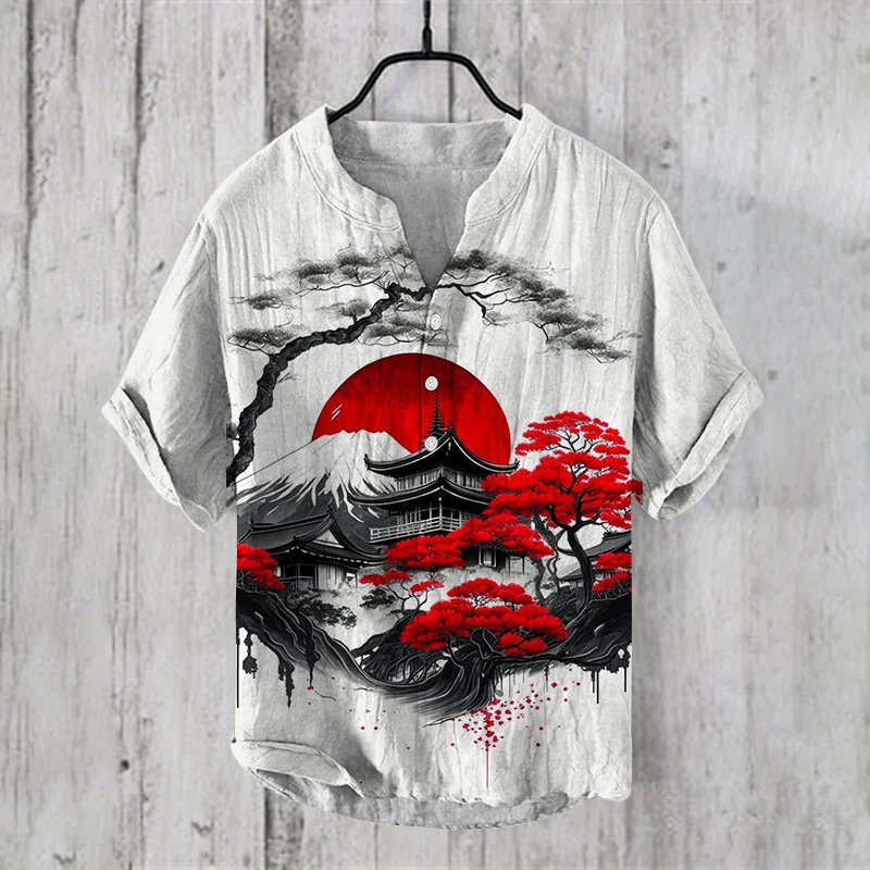 Summer men's small V-neck Japanese retro landscape art printed shirt men's casual shirt fashionable and comfortable top