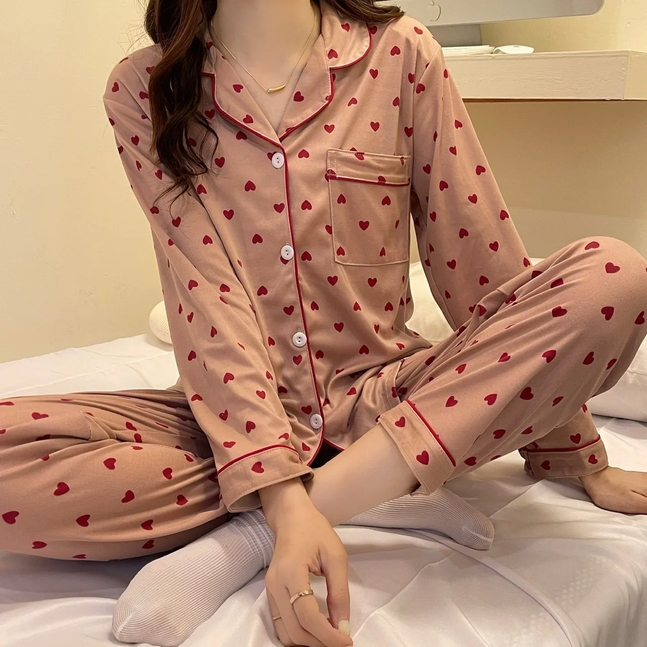 Spring Autumn Women Sweet Loose Pajama 2pcs/set Lady Causal Comfortable Fashion Loungewear Girls Simple Grid Home Clothes