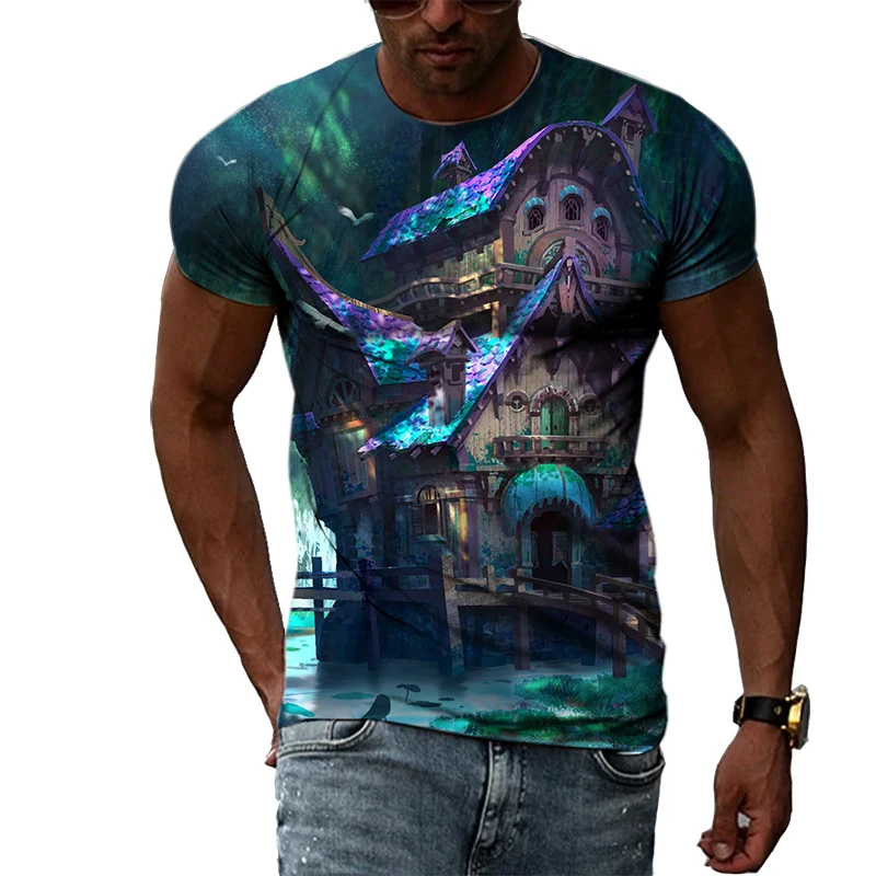 

New Tide Summer Fashion Cartoon Castle Picture T-shirts Casual Print Tees Hip Hop Personality Round Neck Short Sleeve Tops