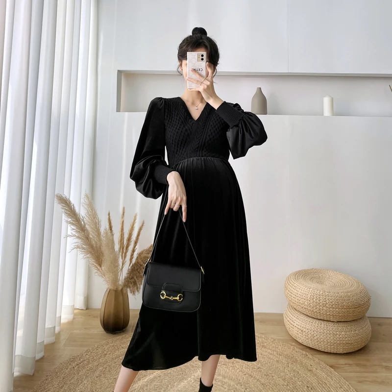 1018# Autumn Winter Korean Fashion Velvet Maternity Dress Elegant A Line Slim Clothes for Pregnant Women Chic Ins Pregnancy