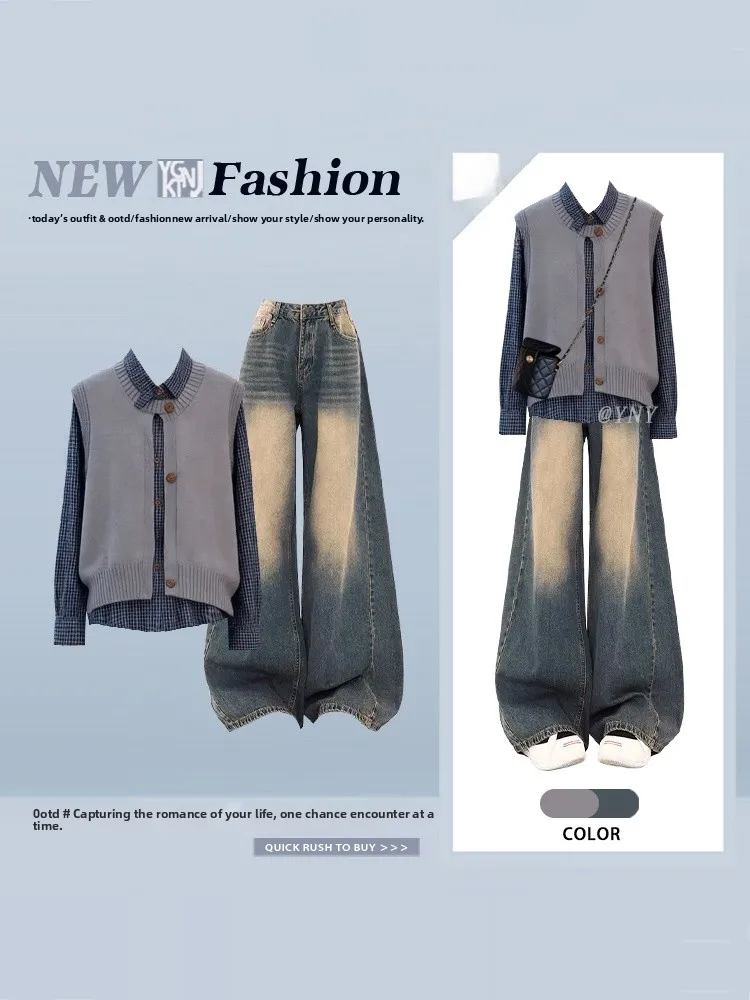 

Retro Korean Style Plaid Shirt Top High Waist Jeans Three Piece Set Long Sleeve Women's Fashion Ensemble Spring Autumn Wear