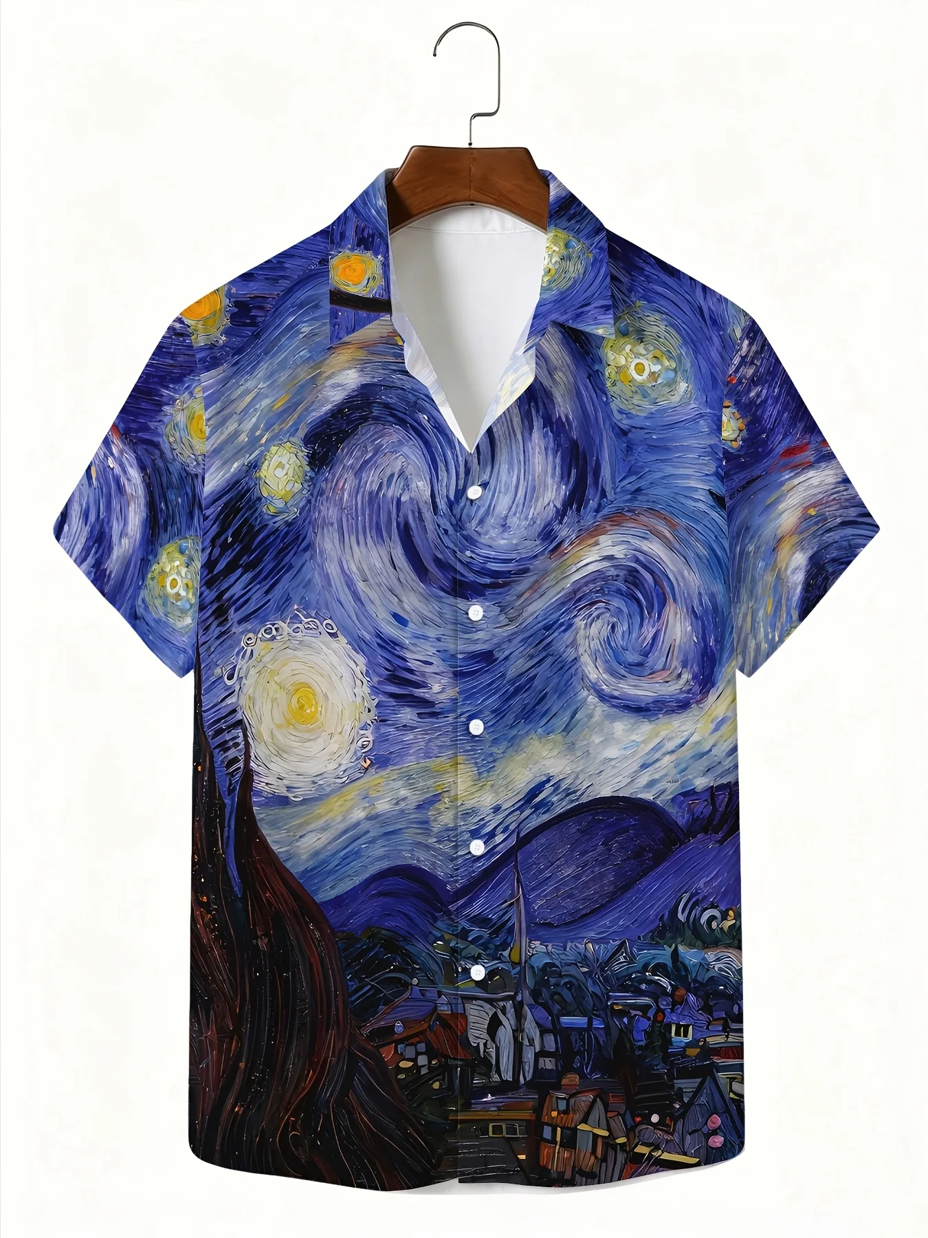 Men's Hawaiian Short Sleeve Shirt Vintage Colorful Art Oil Painting Print Turn Down Collar Casual Beach Holiday Top Men Clothing