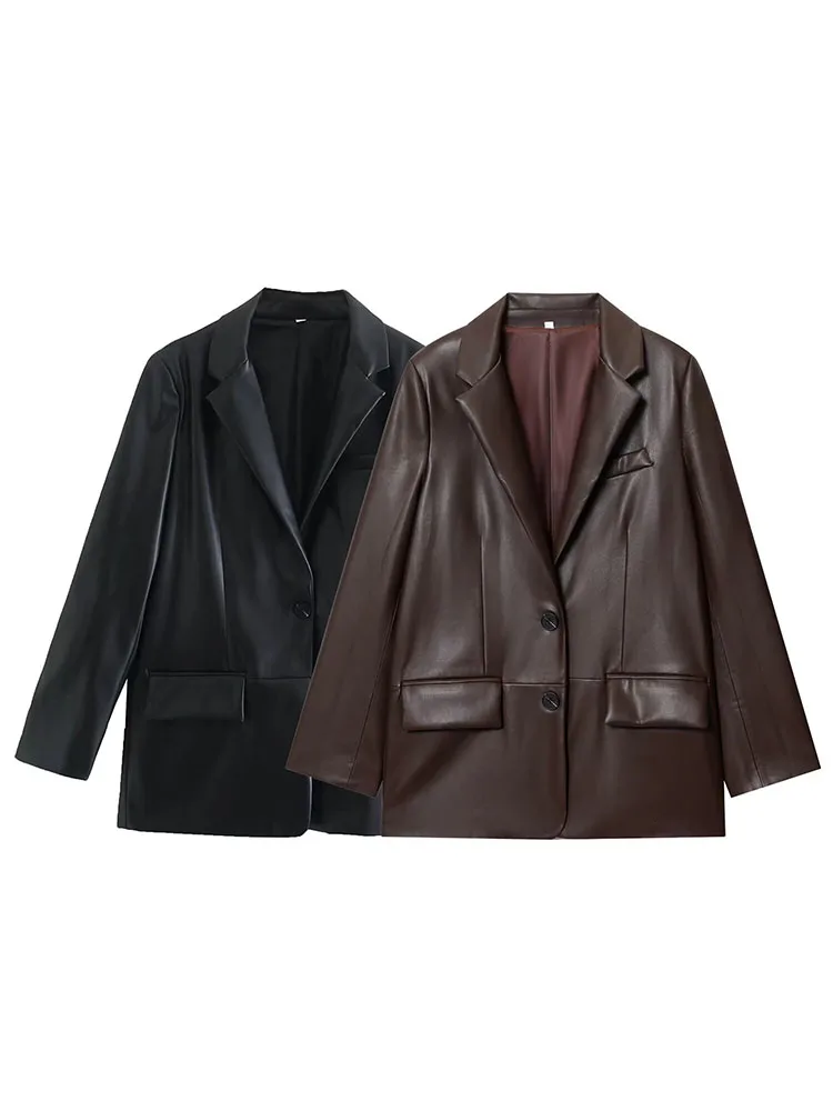 

HH New Woman Autumn Fashion Casual Blazer Female Long Sleeves Lapel Single Breasted Pocket Decoration Faux Leather Effect Jacket