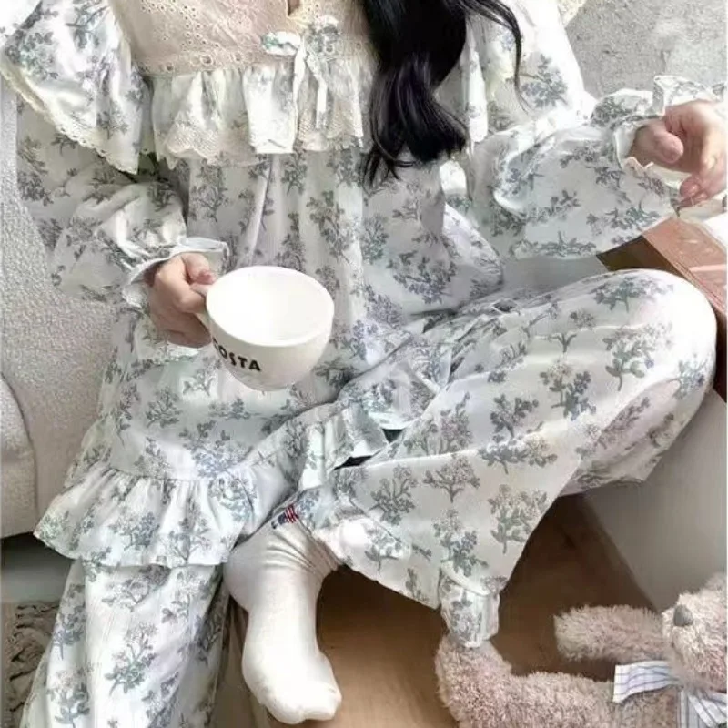 2024 New Sweet Princess Style Pajamas Women\'s Autumn Winter Lace Side Nightdress Long Sleeve Trousers Loungewear Loose Homewear