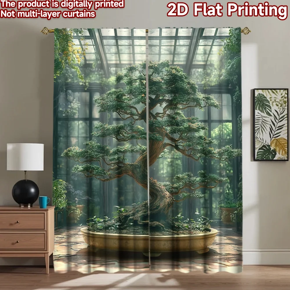 2D flat 2pcs Curtain Retro Country Style Greenhouse Bonsai Tree Digitally printed polyester, colorfast Festive Holiday Perfect