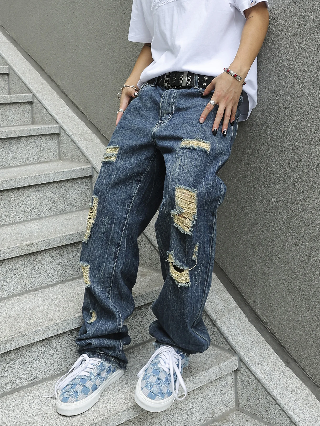 

Men's Regular Fit Distressed Jeans Navy Blue Washed Ripped Denim Y2K Hip-Hop Streetwear