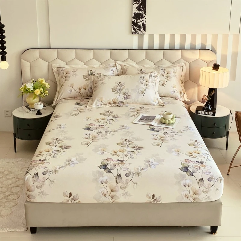 100%Cotton Bed Sheet Set, Includes 1 Fitted sheet+ 2 Pillowcases, Soft Breathable Fabric, Dustproof Non-Slip Single Double Queen