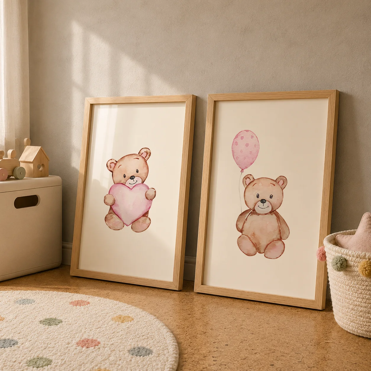 Nursery Wall Art, Nordic Cute Animals Teddy Bear Canvas Painting | Baby Poster for Toddler Kids Room Decor