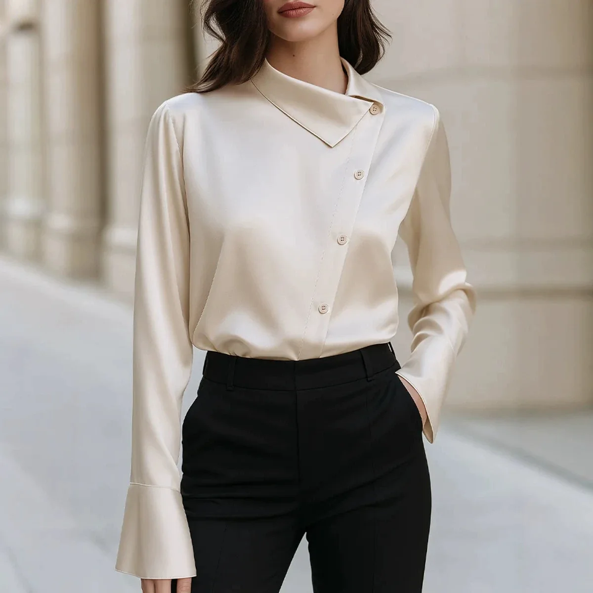 Spring Autumn Long-Sleeved Satin Shirt Lapel Unique Single-breasted Shirts Elegant Office And Outdoor Wear Top Women Clothes