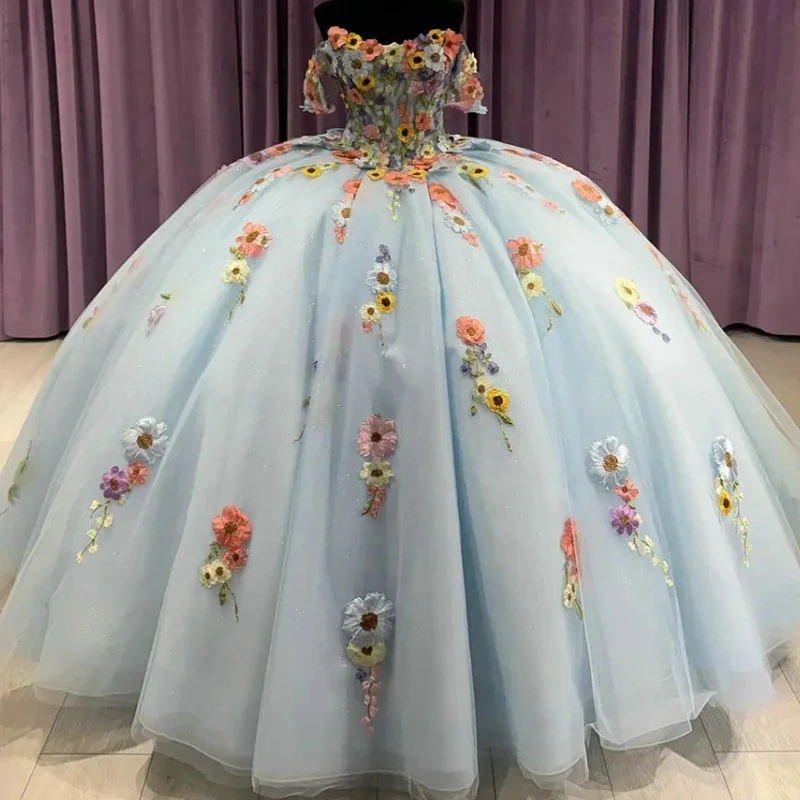 Real Picture Ice Blue Ball Gown Quinceanera Dresses Princess GIrls Party Prom Gown Formal Colorful Floral Vestidos De 15 Años