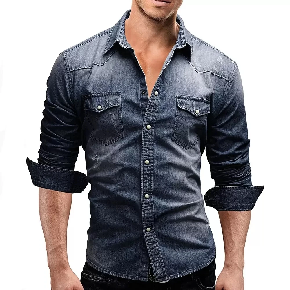 Happyjeffery Mens Cotton Denim Shirt Men Long Sleeve Slim Fit Cowboy Jeans Shirts Man Designer Cloth LS29