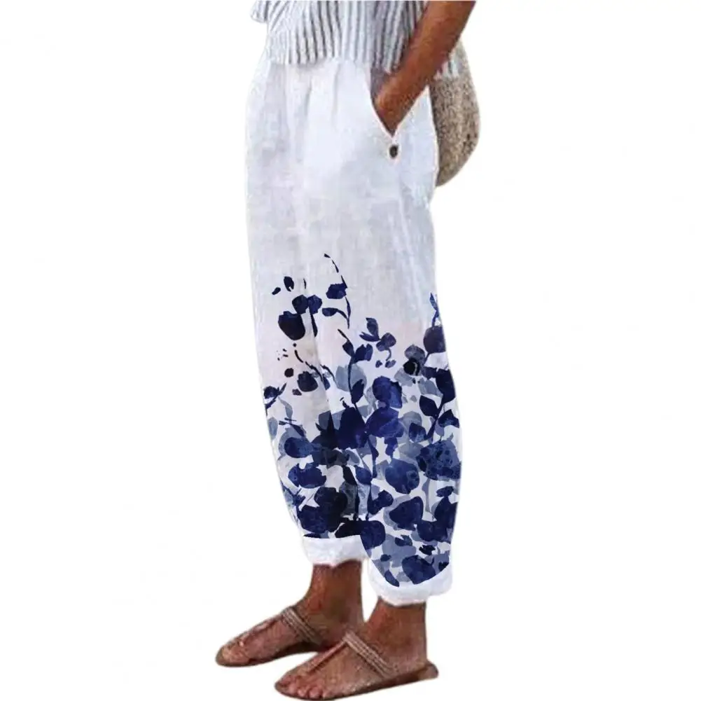 Harem Pants Women Wide Leg Floral Print Pockets Elegant Trousers Baggy Loose Summer Pants for Women Beach