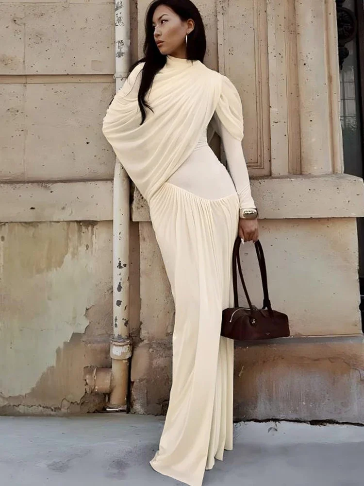 Ruched فستان طويل أنيق امرأة الخريف الاتجاه س الرقبة كم كامل نحيل عالية الخصر اليومية الشارع عادية أسلوب بسيط Bodycon