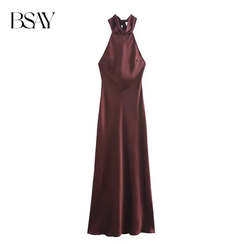 Imagen 2 del producto BSAY vestido para mujer moda 2024 otoño nuevo arco Sexy espalda descubierta francés elegante cuello Halter textura satinada vestidos Midi