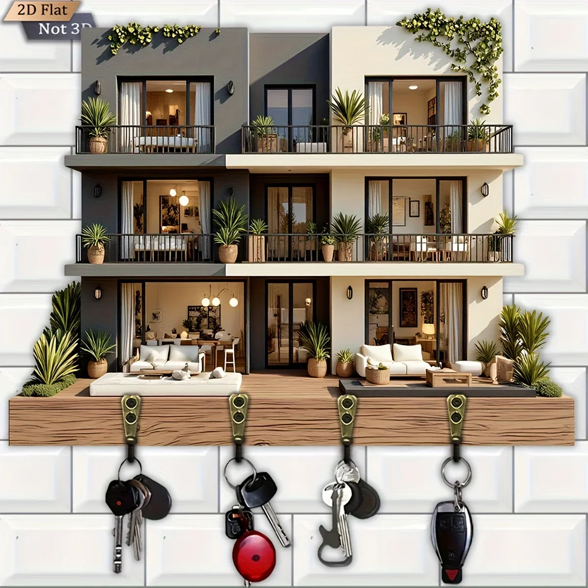 2D Flat, 1pc, Modern Natural Greenery-themed Key Hook, Wooden Multi-functional Home Key Rack, With Four Metal Hooks, Wall