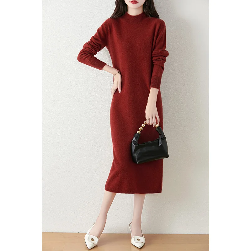 Cashmere sweater women\'s 100% wool high neck women\'s long sweater knitted pullover women\'s long skirt hot selling dress