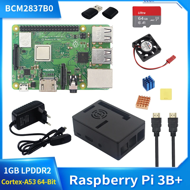 

Original Raspberry Pi 3 Model B+ 1GB RAM BCM2837B0 Cortex-A53 64-Bit 2.4GHz WiFi BT 4.2 BLE Gigabit Ethernet Optional Case Fan