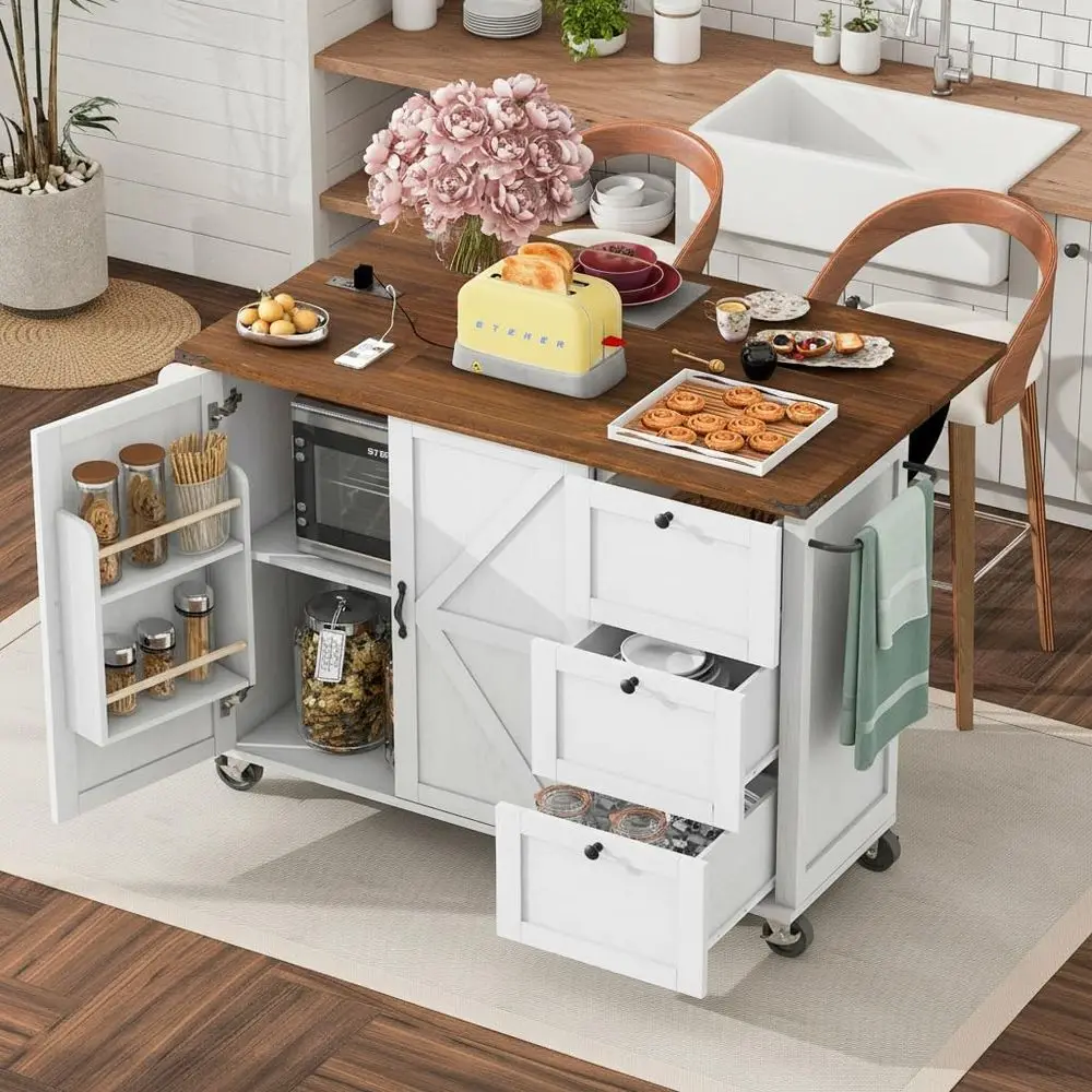 

Кухонный остров на колесиках с электропитанием, откидной столешницей и полками для хранения, подставкой для специй, с фиксируемыми колесами для кухни и столовой