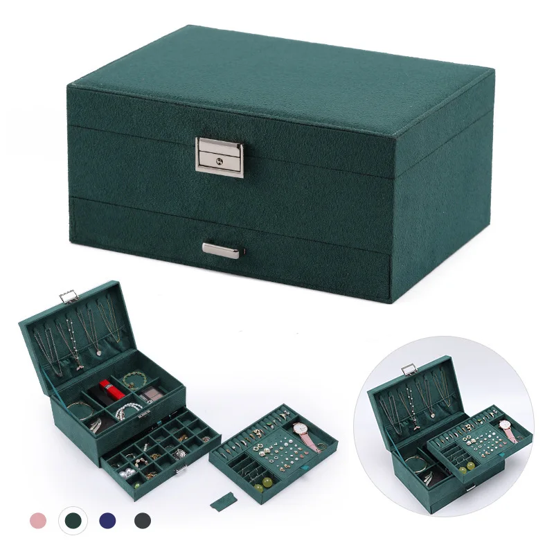 Premium Flannel Jewelry Box, Green Retro Three-Layer, Large-Capacity, Anti-Oxidation Jewelry Box with Lock, Dresser Storage Box