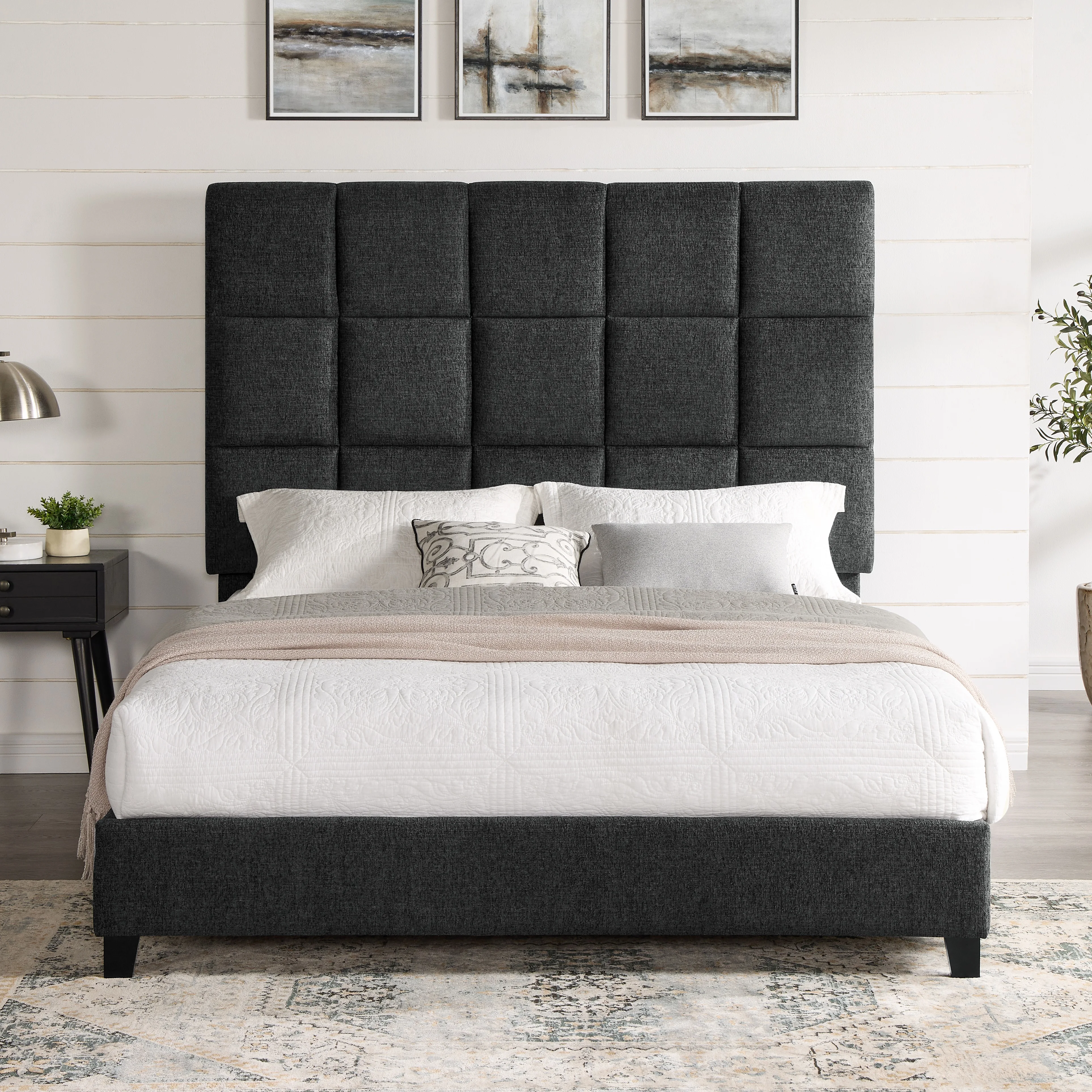 [Flash Sale]Bridgevine Home Queen Size Grey Squares Upholstered Platform Bed[US-Stock] image 6