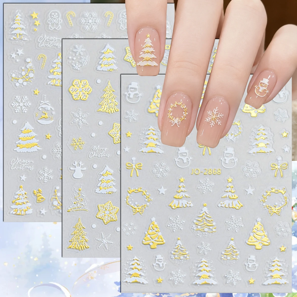 3 to 12 Sheets 3D Gold White Xmas Christmas Tree Snowflake Snowman Wreath Gingerbread Self-Adhesive Nail Art Stickers