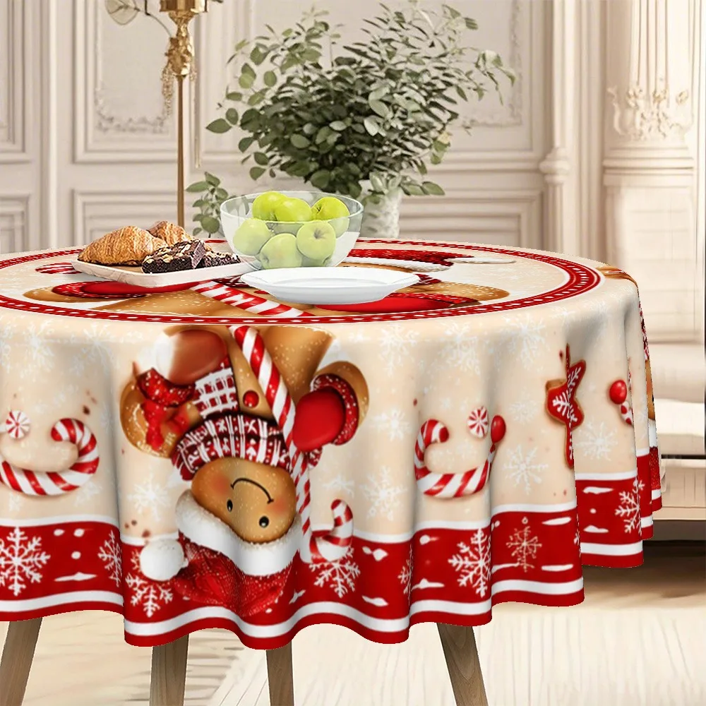 1Pc round table cloth, Christmas themed style, cute gingerbread man with holiday elements printed tablecloth,