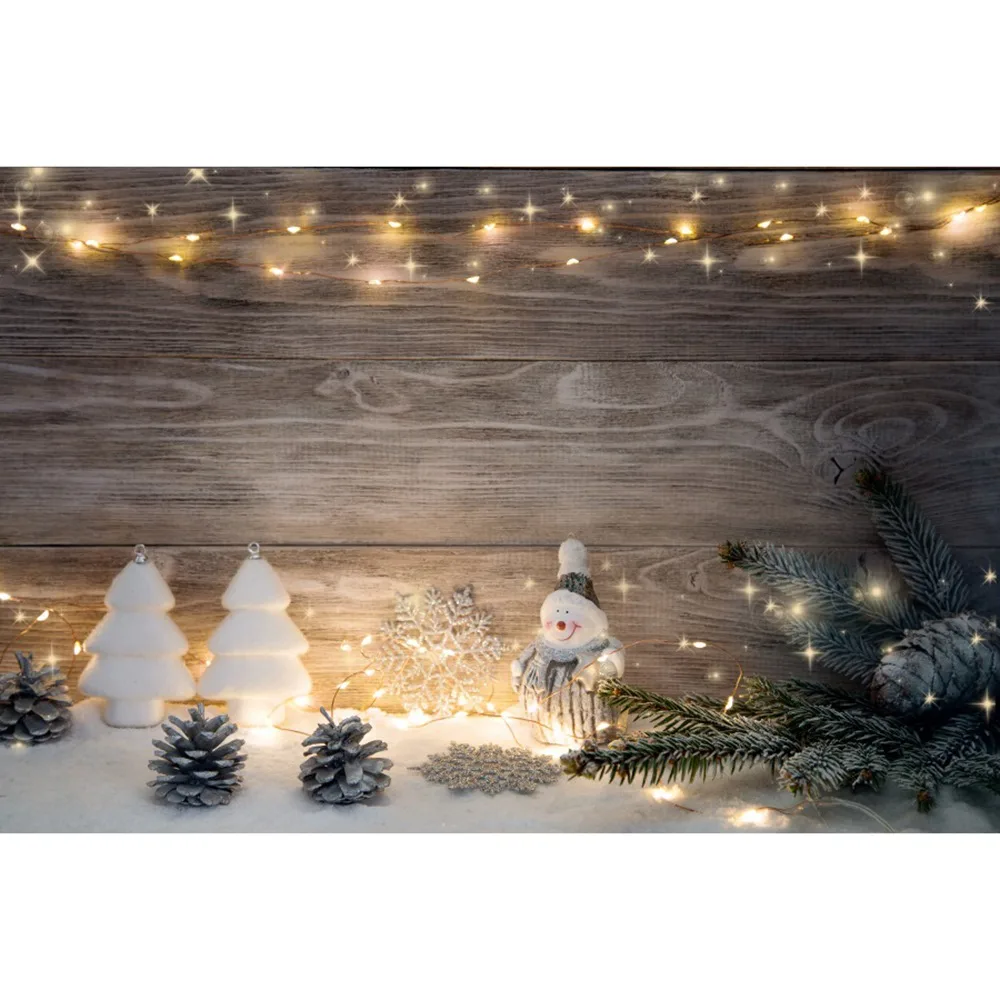 Fondos de fotografía personalizados con luces de muñeco de nieve de Navidad, conos de pino, tablones de madera, decoración de fiesta de bebé, fotomatón