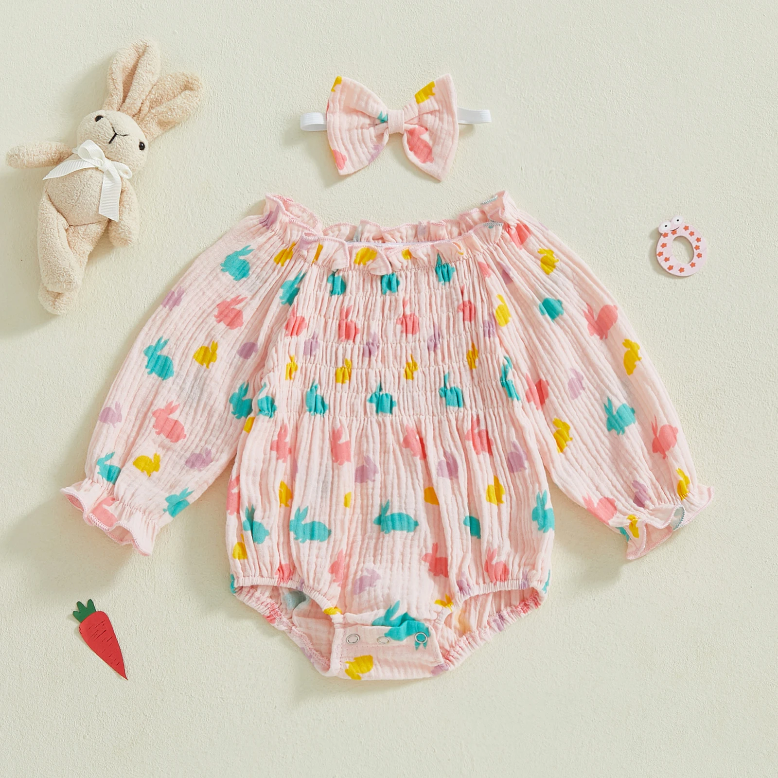 

Baby Girl Easter Casual Romper Long Sleeve Off Shoulder Bunny Print Romper with Headband