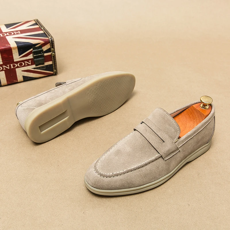 Men's Luxury Brand Genuine Leather Loafers Anti Velvet Pig Leather Beige Ankle Shoes Business Dress Casual Flat Shoes Plus Size