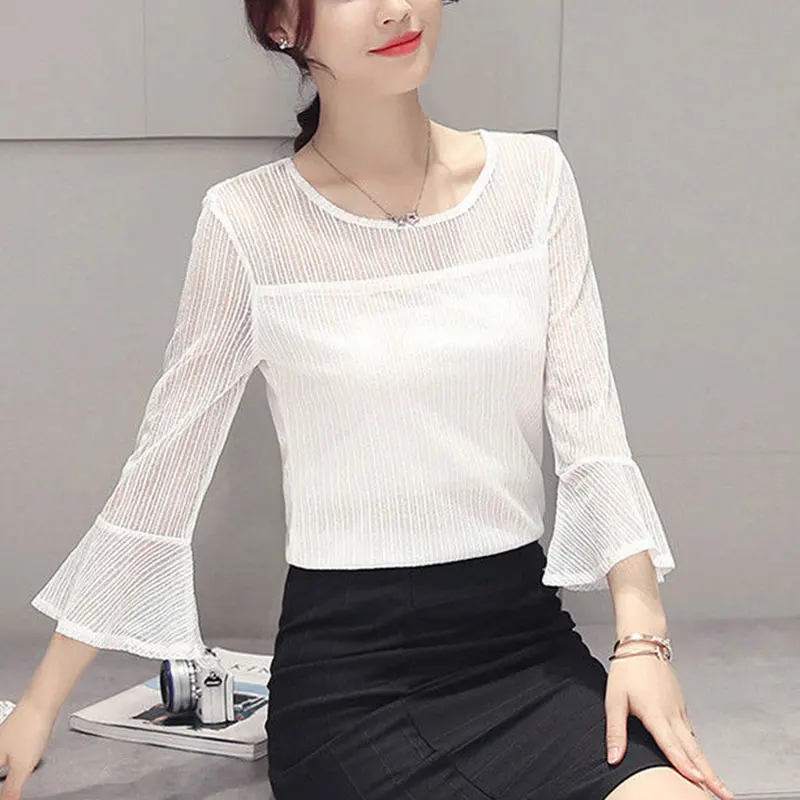 

Women O-Neck Long Sleeve T-Shirt, Monochromatic Lace Tops, Elegant Clothes, All-match, Slim, Simple, Office Lady, Summer Fashion