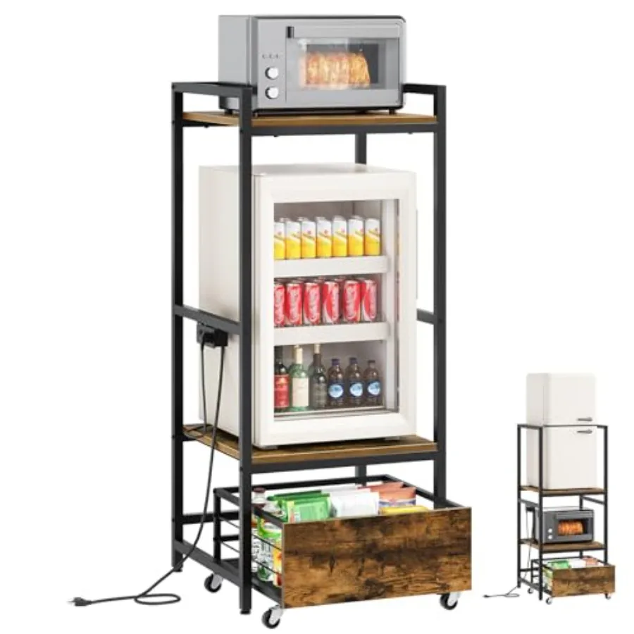 Mini Fridge Stand with Movable Drawer Microwave Stand with Power Outlet Mini Fridge Shelf with Adjustable Shelves Kitchen Baker