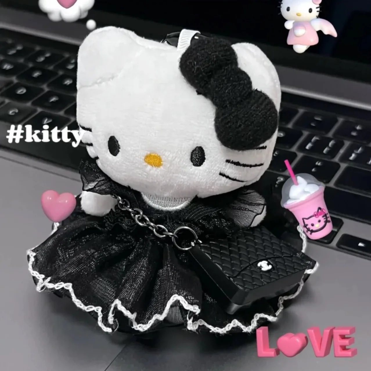 Keychain Black Leather Puff Skirt Hello Kitty Cute Cartoon Doll Plush Doll Bag Pendant Small Accessories Pendant Girl'S  Present