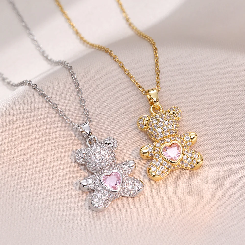 High end Cute Teddy Bear Pendant for Women, Delicate and Shiny Animal Necklace, Korean Popular Jewelry Gift for Girlfriends