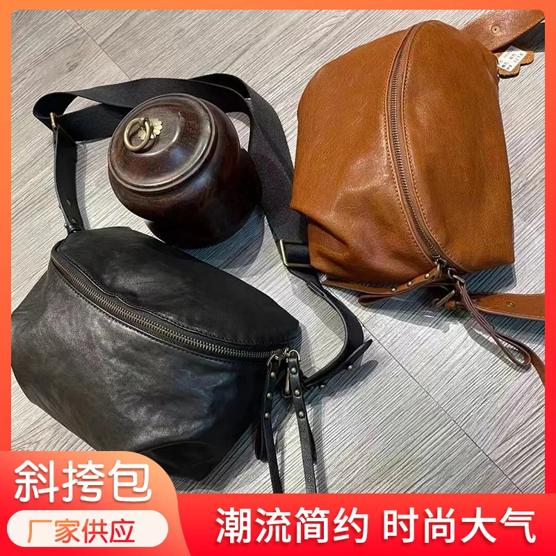 Vintage Leather Head Layer Cowhide Handmade Super Large Capacity Crossbody Bag Female Luxury Bag Zipper Dumplings