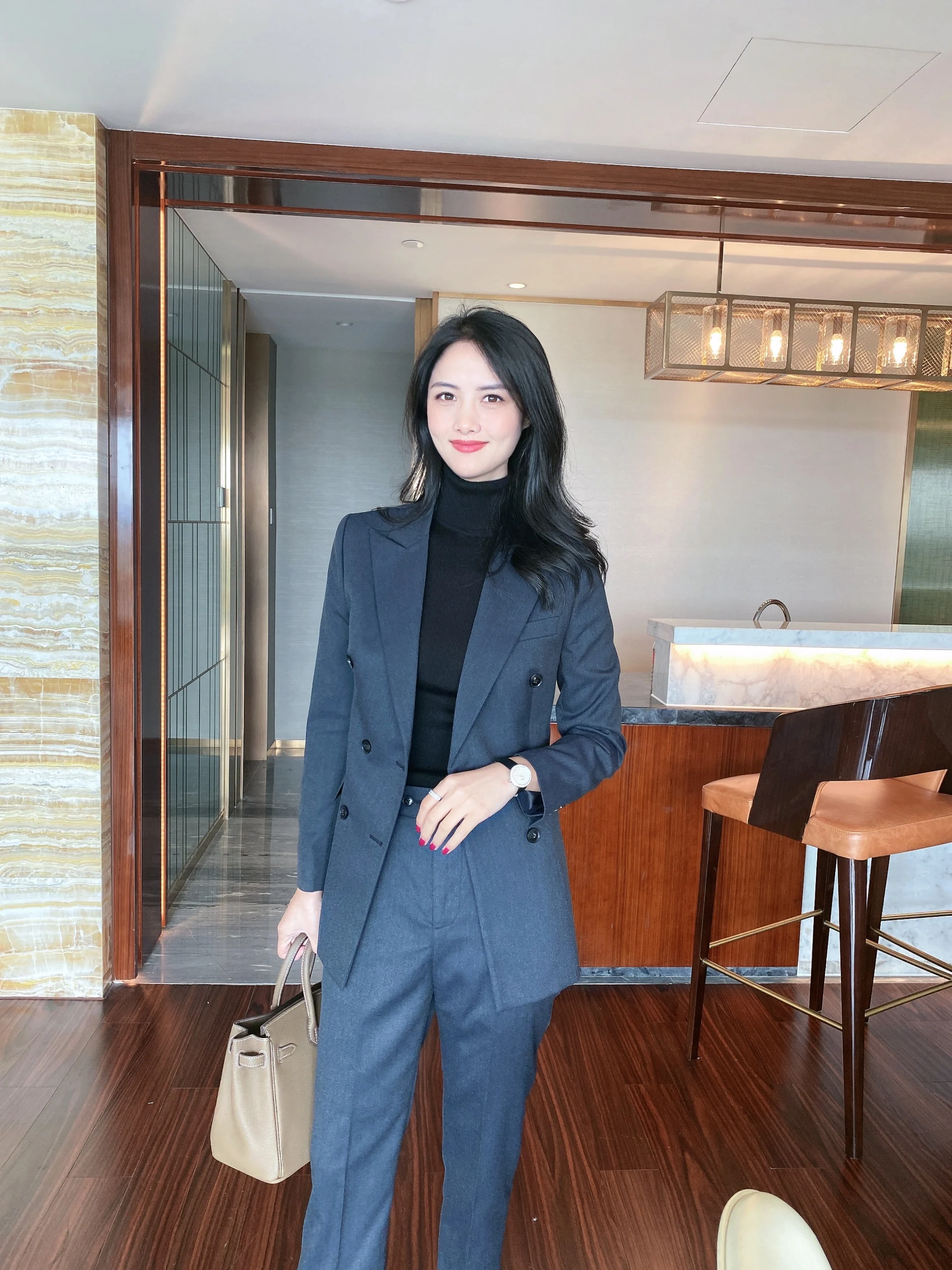 

New ey Blue Double Buttoned Slim Fit Suit Set Women's Nine-Piece Pants Host Profional Ele Sle Spring 2024