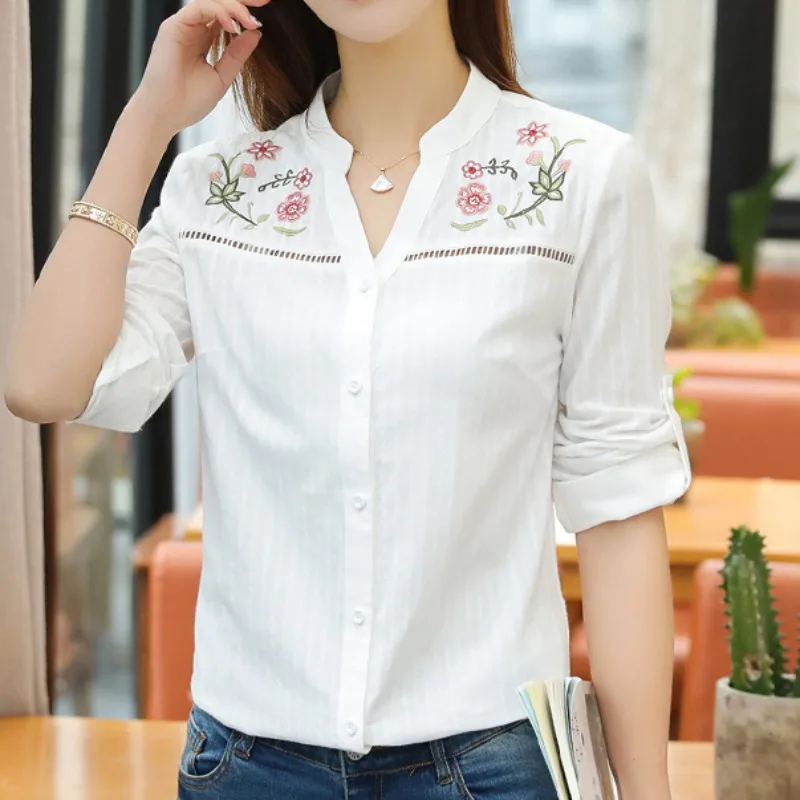 White Floral Embroidery Blouse Women\'s Long Sleeve Fashion Women Tops Office Lady Shirt Women Clothing New Blusas D839