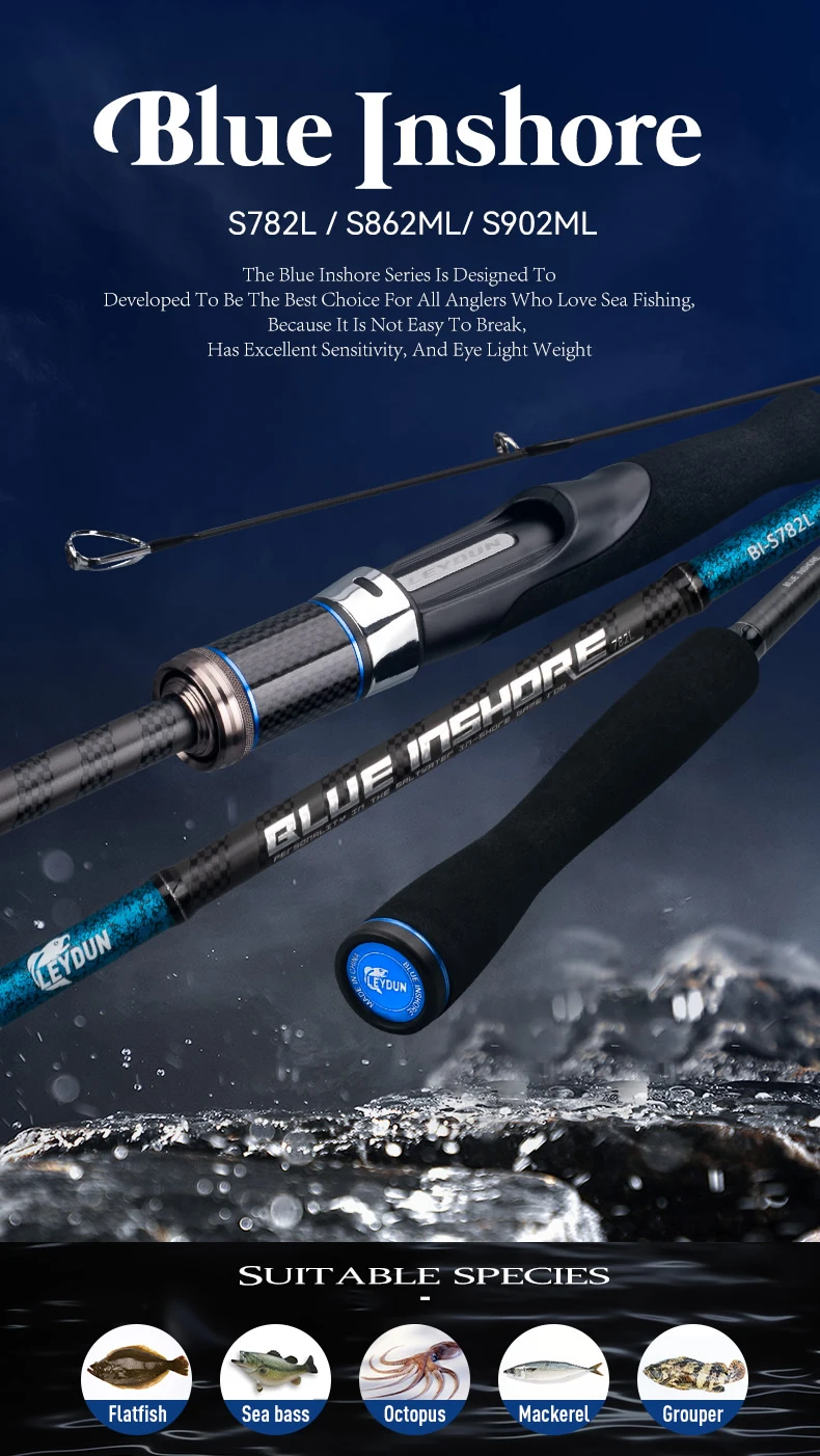 BLUE INSHORE Angelruten Inshore Breakwater Bass Rod S782L S862ML S902ML Saltwater Light Fast 2-teilige Spinnruten – Detail 1