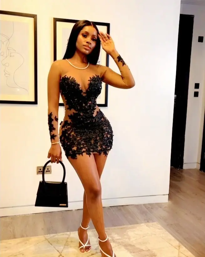 African Black Short Prom Dresses O Neck Long Sleeve Appliques Straight  Illusion Sexy Birthday Dress For Baddies Customized - AliExpress 320