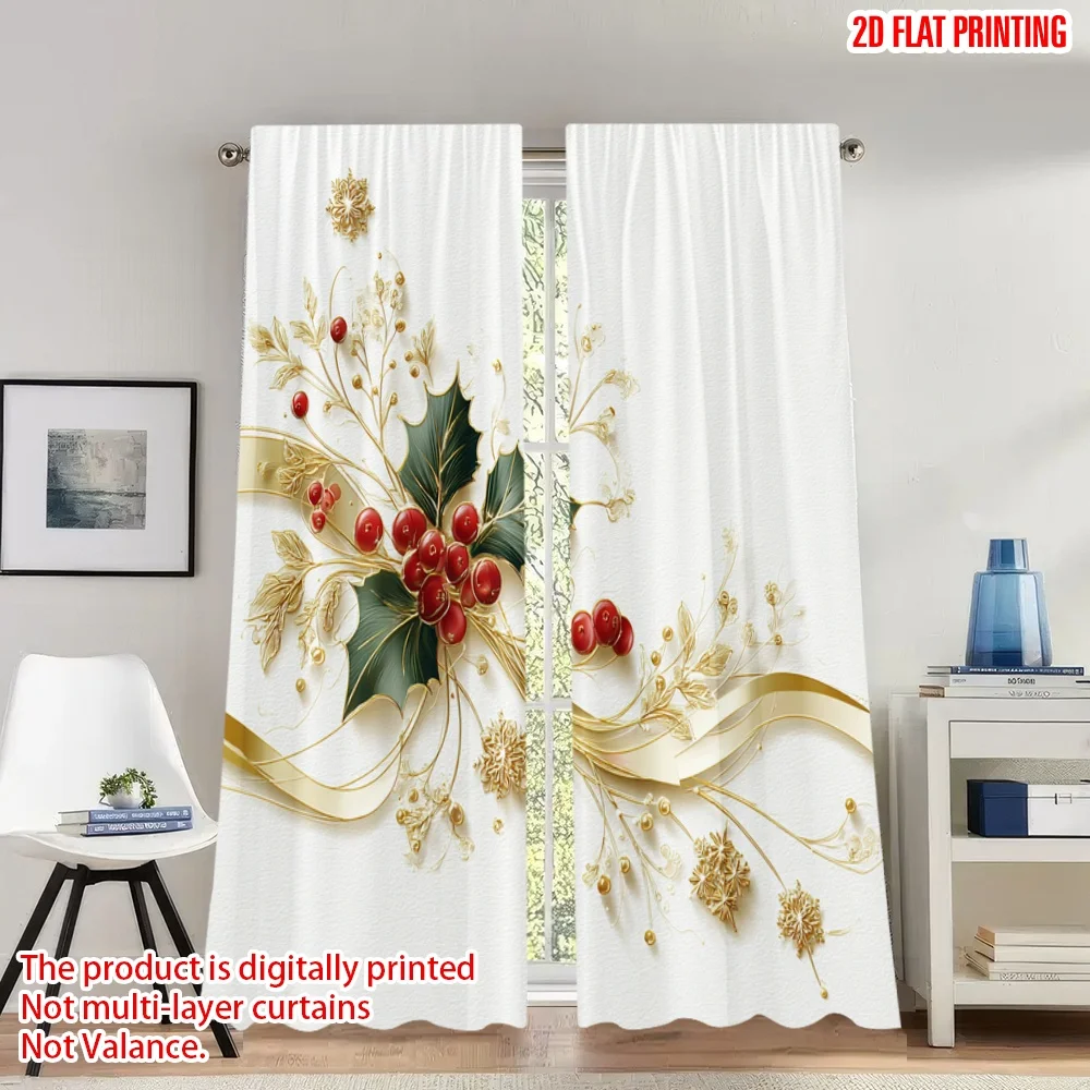 

2pcs 2D flat printing Merry Christmas Trendy Curtains Christmas Holly Berries Snowflakes Digital Printed Polyester Drapes Party