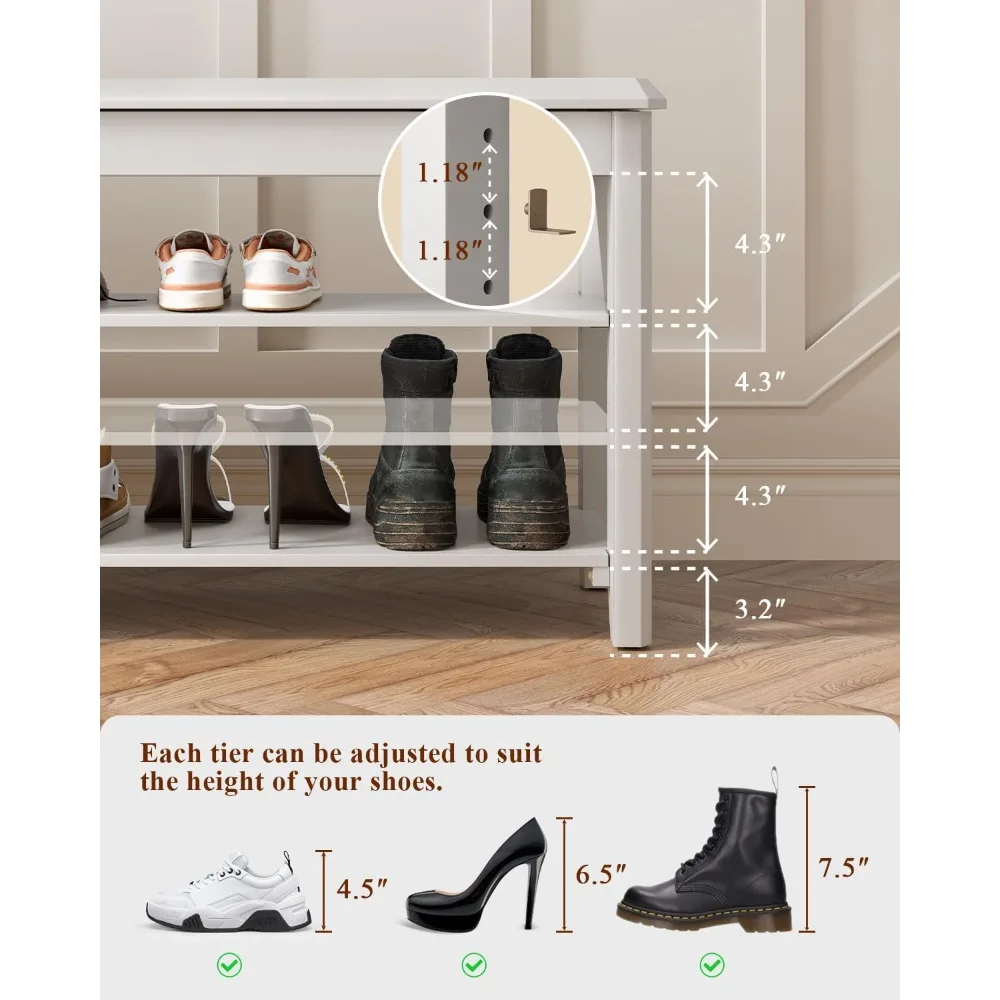 مقعد رف أحذية خشبي حديث من 3 طبقات من منتصف القرن مع بناء من الخشب المطاطي، يدعم ما يصل إلى 550 رطل، مثالي للمدخل المدمج