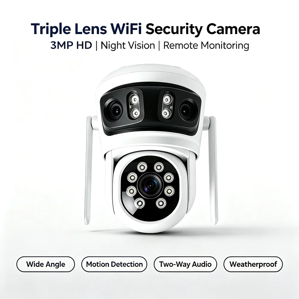 Tuya Outdoor WIFI Security Camera 3 lens Upgraded 3MP Night Vision Motion Detection IP66 Weatherproof  Two-Way Audio CCTV Camera