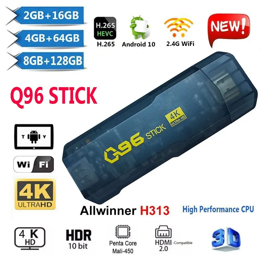 

Адаптер Q96 для ТВ-приставки Smart TV, Android, Allwinner H313, четырехъядерный, 2,4 ГГц, Wi-Fi, 4K, HDR, ТВ-приставка 8 ГБ + 128 ГБ, домашний ТВ-Стик H.265, домашний кинотеатр