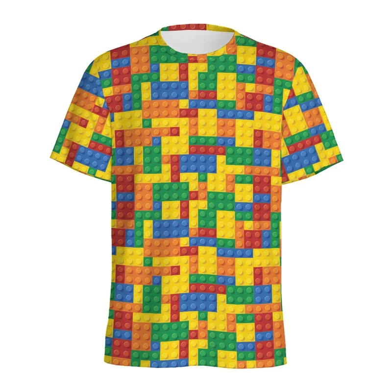 Men's Retro Fun 3D Building Block Print T-Shirt – Puzzle/Video Game Graphic, Streetwear, Y2K Style Short-Sleeve Top