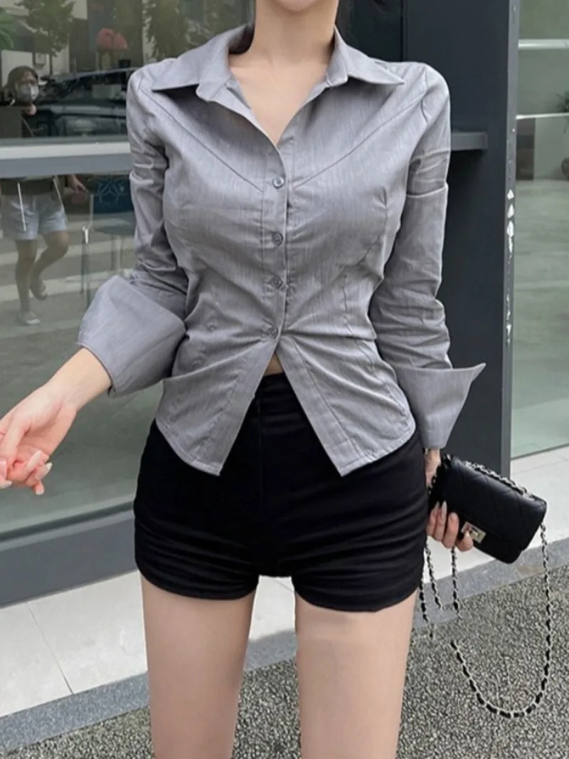 WOMENGAGA 2023 Sexy Office Lady Shirt V-neck Elegant Long-sleeve Lapel Slim Blouse Fashion Korean Women Tops  QIF8